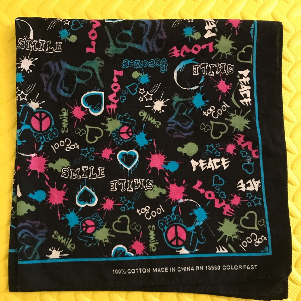 COLORFAST Black printed words bandana